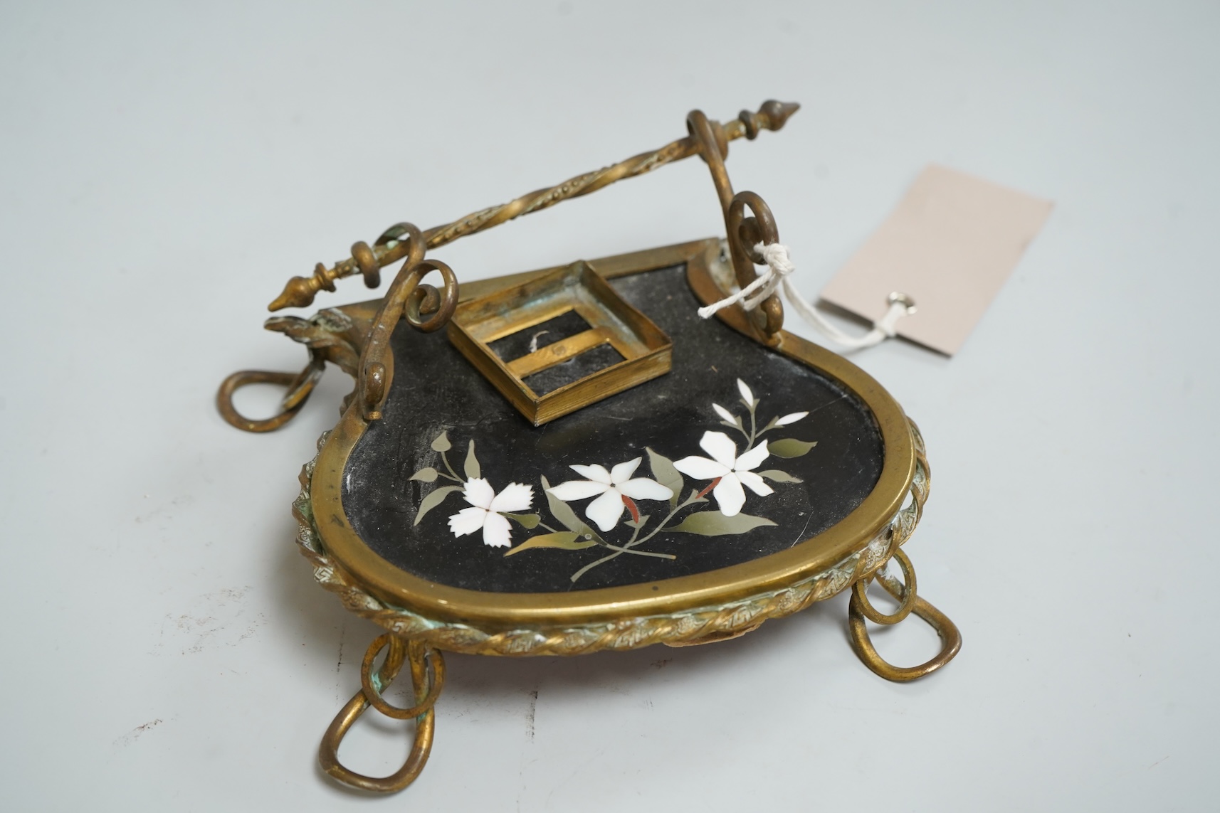 A Pietra Dura inkstand, telescope, cased glass flask and a wood boat model